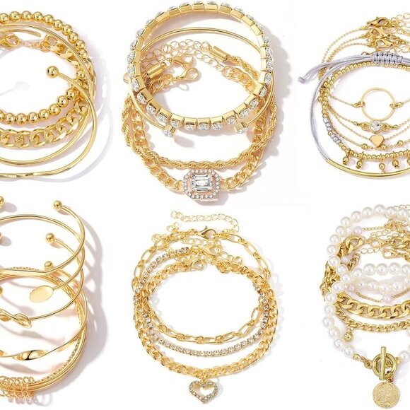 Jewelry - 6 PACK 24 PCS Boho Gold Chain Bracelets Set for Women, 14K Gold Plated Multiple